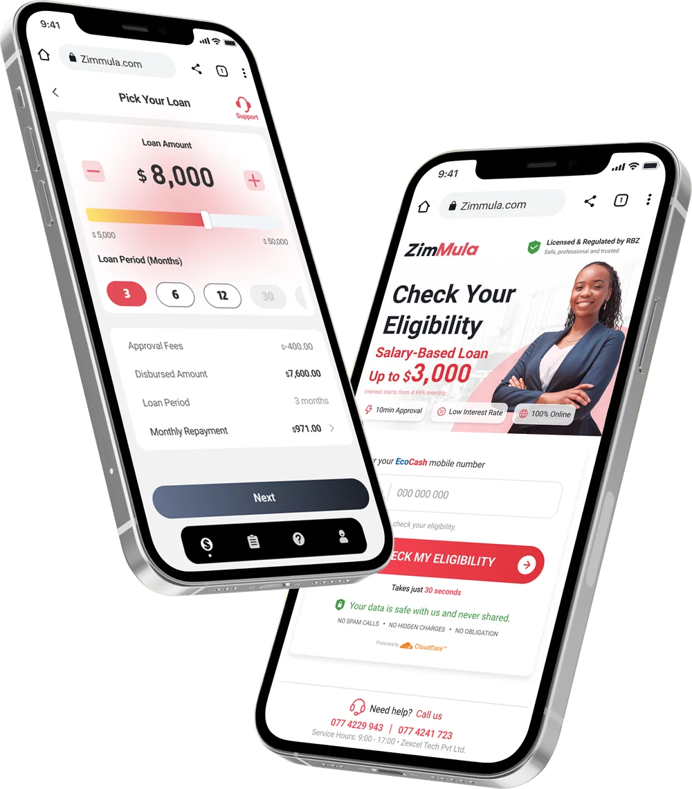ZimMula mobile app showing an eligibility check